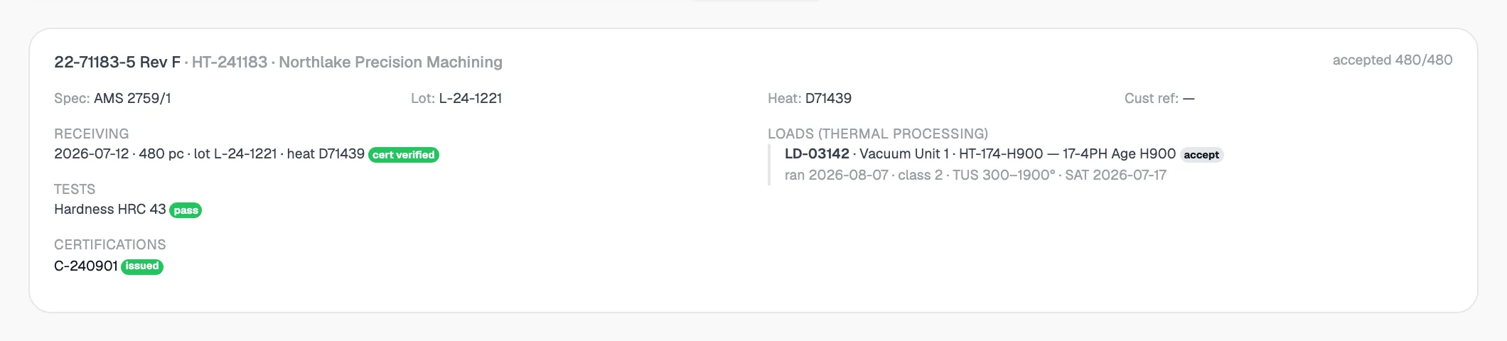 HeatLock traceability result for lot L-24-1221: receiving, the load with its pyrometry, hardness test and issued certificate